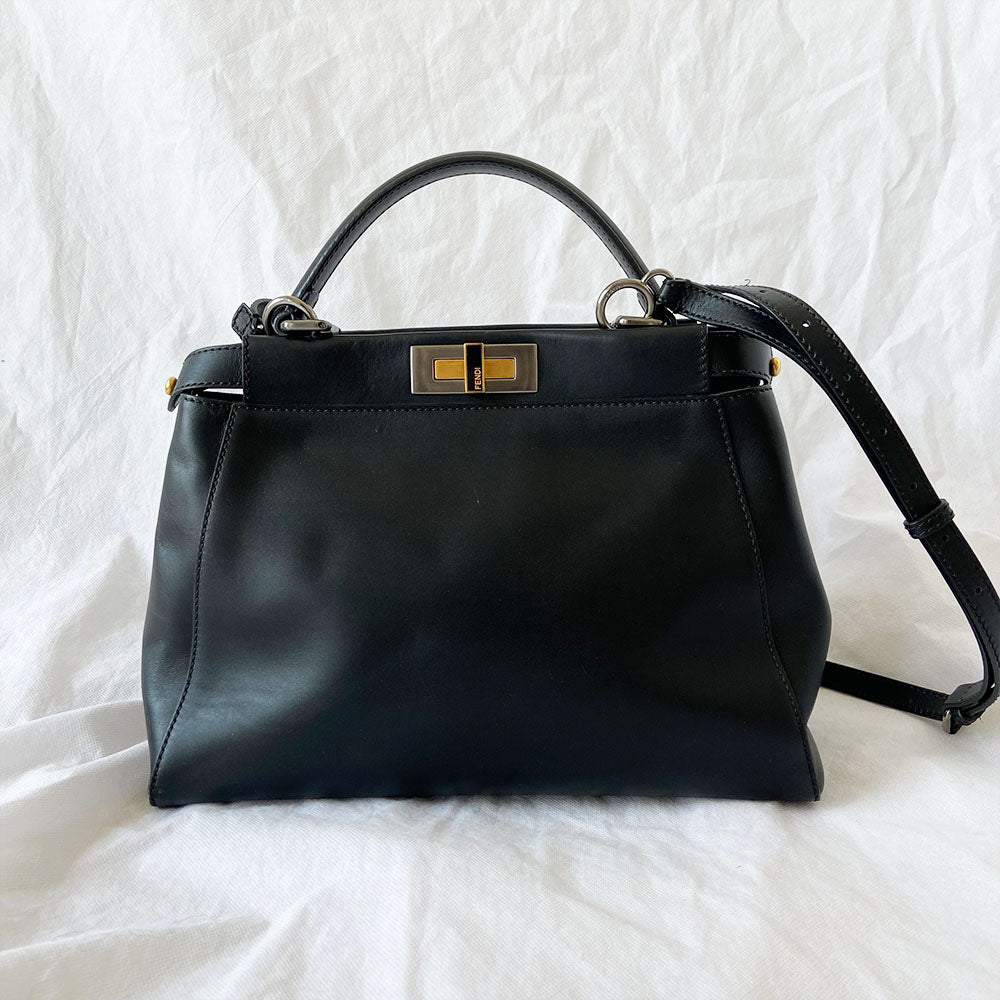 Fendi Black Leather Medium Peekaboo Top Handle Bag