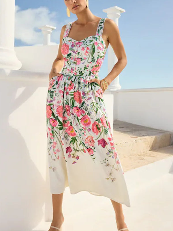 Ivory Floral Printed Cami Midi Dress