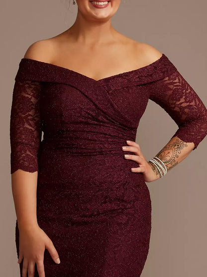Off-the-Shoulder V-Neck Ruched Lace Gown