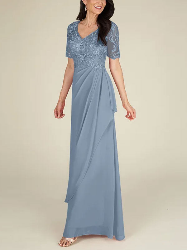 Floor-to-ceiling chiffon lace back zip bridal mom dress