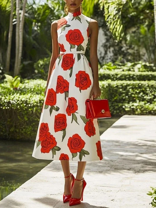 White Printed Sleeveless Midi Dress