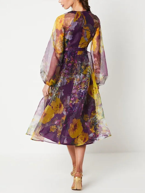 Organza Wrap Waist Puff Sleeve Midi Dress