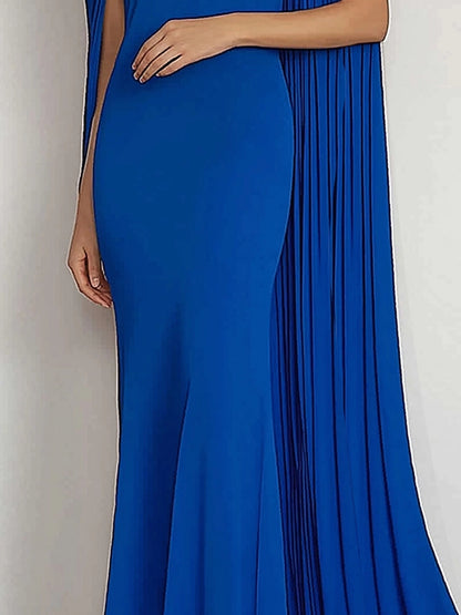 Evening Formal Dress Blue Round Neck Cape Mermaid Floor-Length Gown