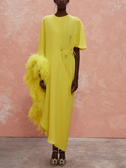 Round Neck Solid Color Feather Midi Dress
