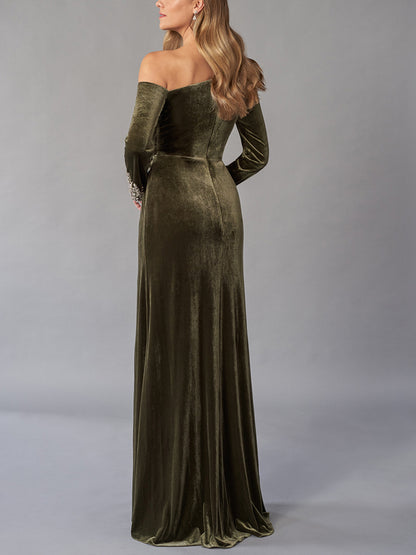 Off-shoulder Corduroy Solid Color Maxi Dress