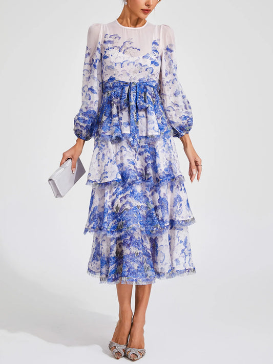 Round Neck Long Sleeves Printed Midi Dress