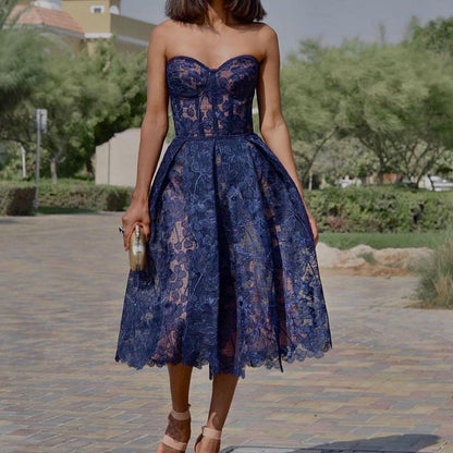 loveedsTM- Sexy Sling Strapless Puffy Princess Dress Fashion Sleeveless High Split Party Evening Dress Women Solid Lace Slim Elegant Dress