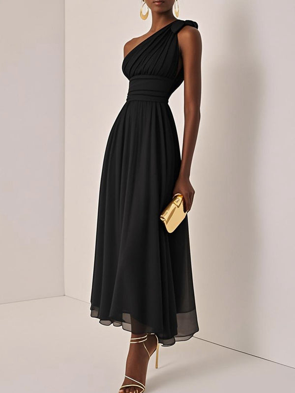 Ruched Chiffon One Shoulder Sleeveless A-Line Maxi Dress