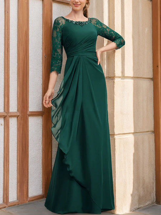 A-Line/Princess Scoop 3/4 Length Sleeves Floor-Length Sequined Mother of the Bride Dresses
