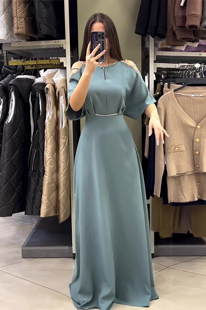 loveedsTM-Round Neck Short Sleeve Diamond Off Shoulder Dress