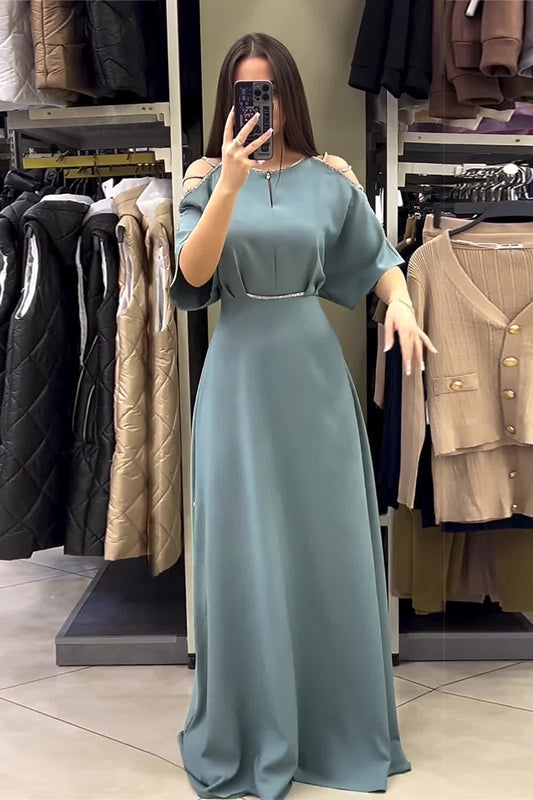 loveedsTM-Round Neck Short Sleeve Diamond Off Shoulder Dress