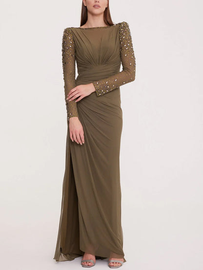 Round Neck Solid Color Sequined Chiffon Maxi Dress