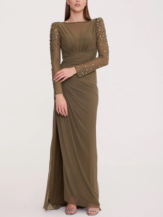 Round Neck Solid Color Sequined Chiffon Maxi Dress