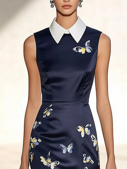 Satin Dress with Butterfly Print and White Lace Trim