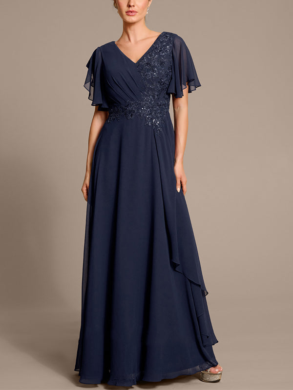 V-neck Lace Chiffon Solid Color Maxi Dress