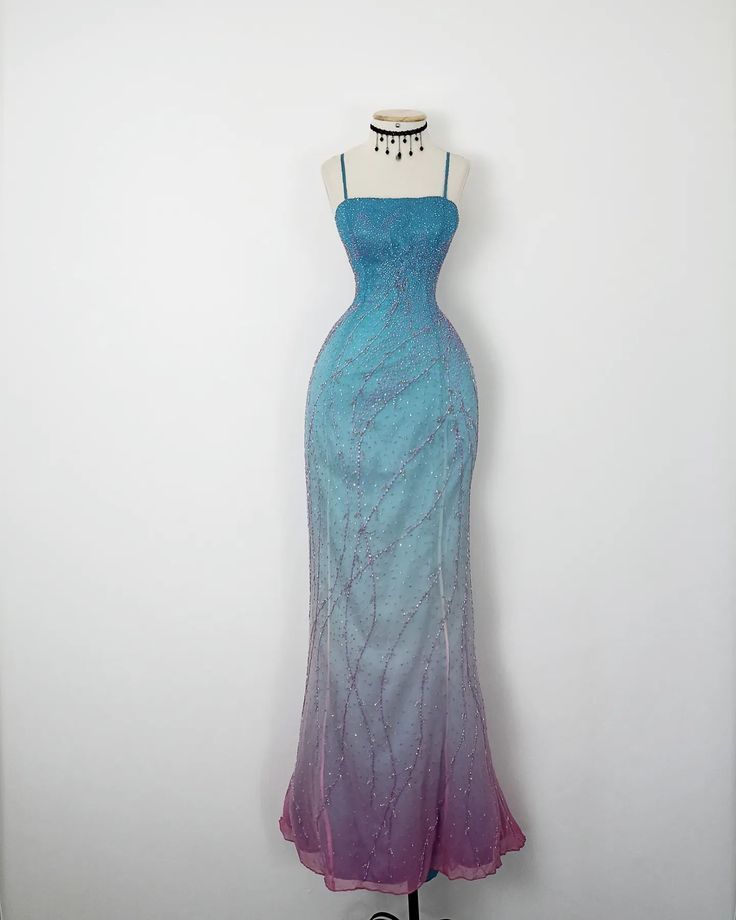 Blue pink fashion gradient long spaghetti strap exquisite beaded long chiffon Prom Dress evening dress party dress gh5130