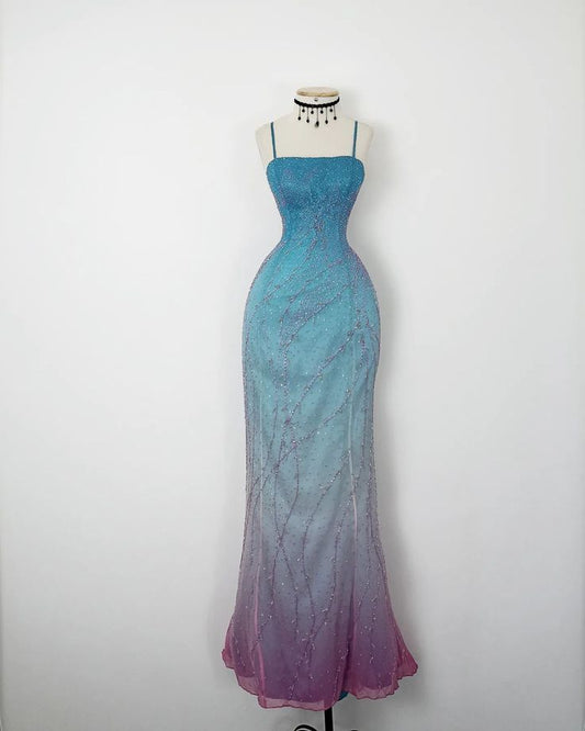 Blue pink fashion gradient long spaghetti strap exquisite beaded long chiffon Prom Dress evening dress party dress gh5130