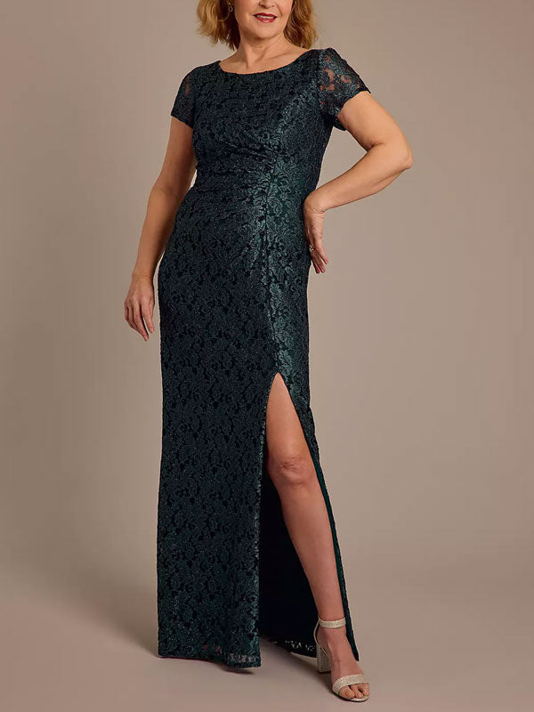 Scoop Neck Gathered Lace Sheath Dress with Slit