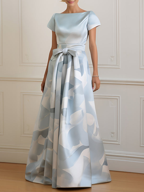 Round Neck Bow Satin Print Dress