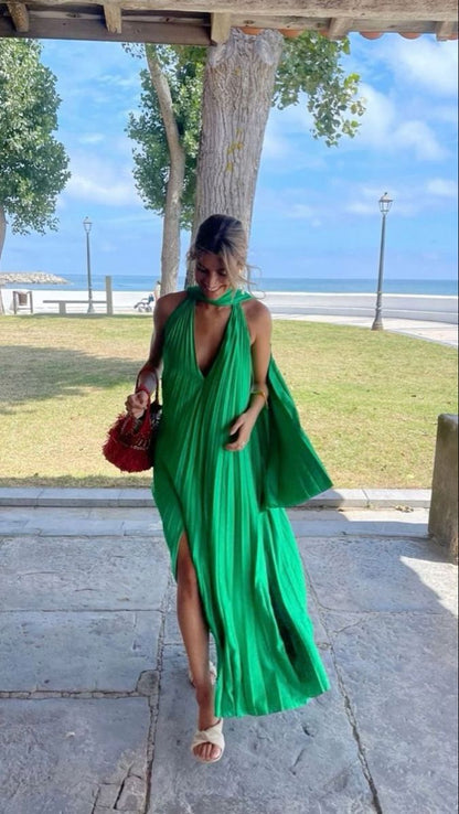 Pink/green V-neck Elegant Long Satin Evening Dress Party Dress Wedding Guest Dress gh3056