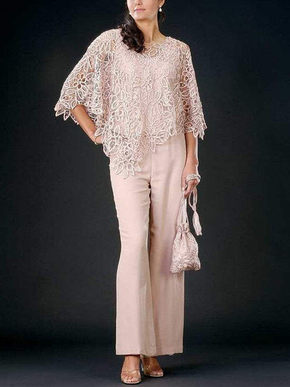 Lace crew neck top trousers set