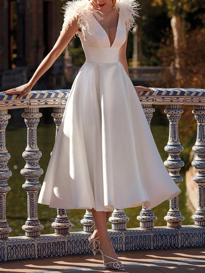 V-neck Solid Color Feather Midi Dress