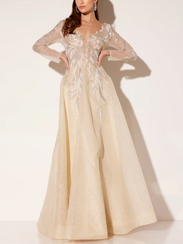 V-neck Solid Color Lace Maxi Dress