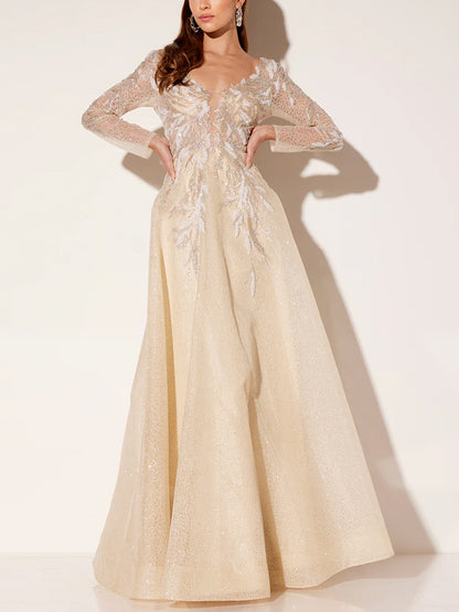 V-neck Solid Color Lace Maxi Dress