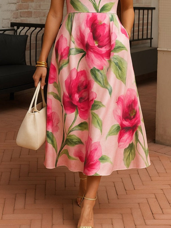 Elegant Floral Printing V Neck Midi Dress