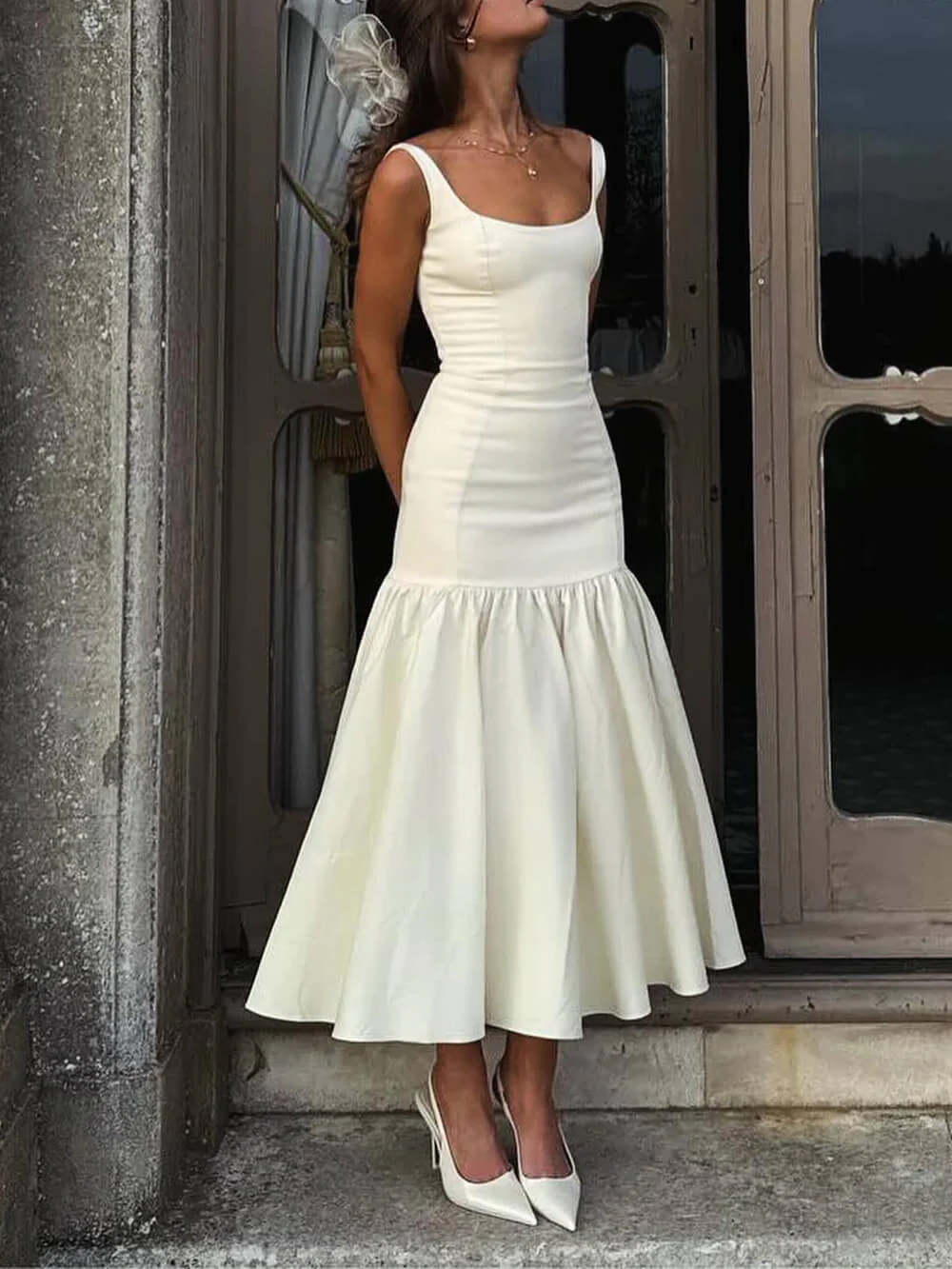 Vintage Mermaid Square Neckline White Ruffles Long Prom Dress Formal Dresses P2476