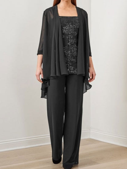 Suit Sequined Chiffon Embroidered Top + Chiffon Long Pants
