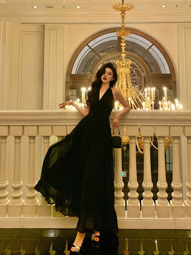 Sexy A Line Halter Black Sleeveless Prom Dresses Party Dress Summer Birthday Outfits 18th Birthday Dresses W819