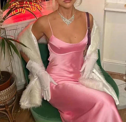 Simple Straps Sleeveless Party Dress Satin Pink Prom Dress      fg5332