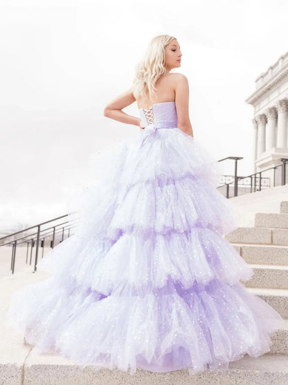 PM465, Purple tulle high low prom dress, light purple evening dress