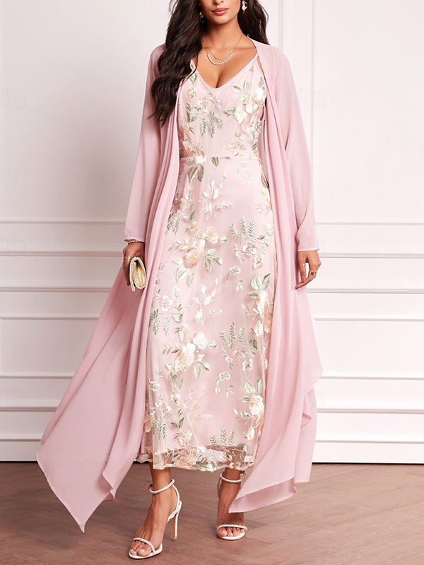 Lace Chiffon Print 3/4 Long Sleeve Dress Set