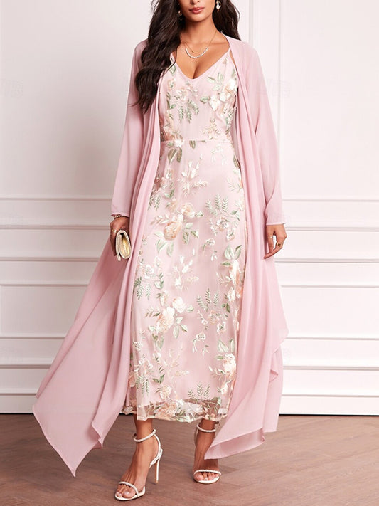 Lace Chiffon Print 3/4 Long Sleeve Dress Set