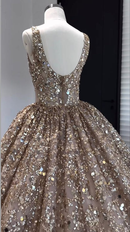 Nude pink gorgeous shiny gold sequins elegant long tulle sequin ball gown evening dress gh3197