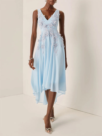 Light Blue Lace Asymmetric Chiffon V Neck Sleeveless A-Line Maxi Dress