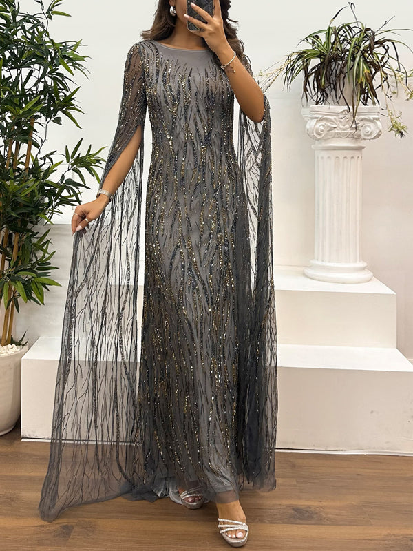 Round Neck Solid Color Sequins Maxi Dress