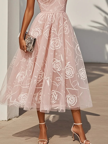 Floral Ruffled Classic V Neck Sleeveless Ruffle Sleeve A-Line Midi Dress