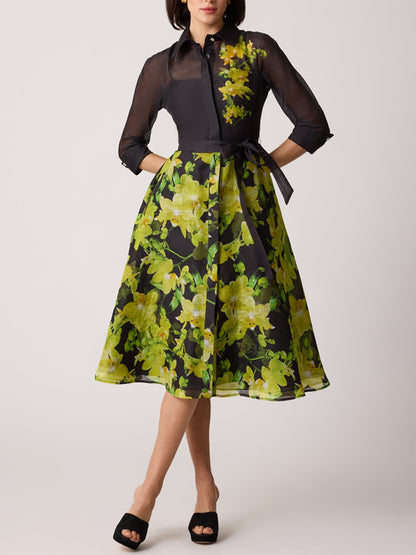 Elegant Floral Balloon Sleeve Printing Crew Neck Midi Dress