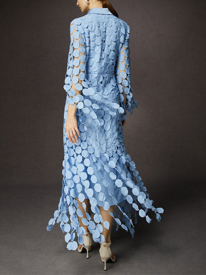 Elegant Shirt Collar Three Quarter Sleeve Lace Maxi Dress