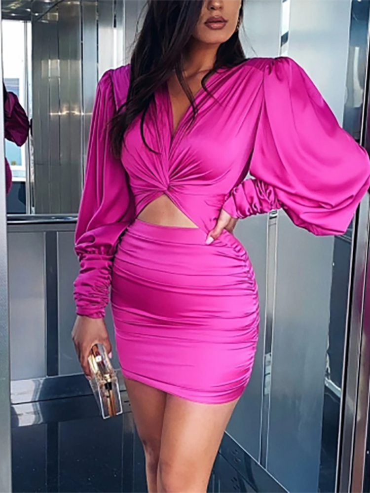 loveedsTM- Sexy deep v neck bodycon dress Party club hollow out mini dress Elegant winter autumn chic lantern sleeve satin dress