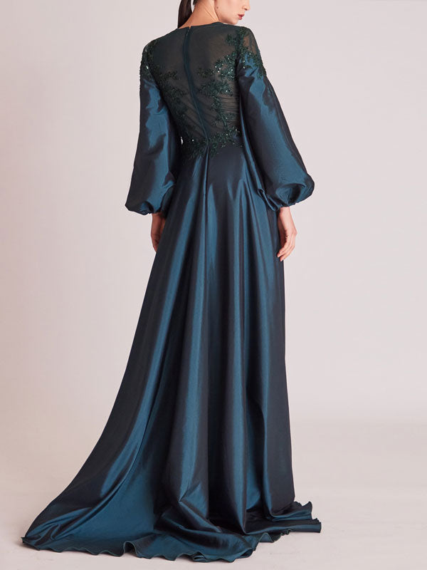 Long Balloon Sleeve A-Line Slit Gown