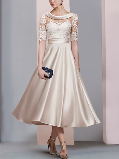 Round Neck Solid Color Lace Midi Dress