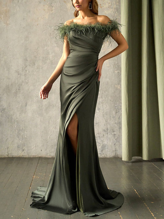 Off-the-shoulder Feather Decoration Women's Gown