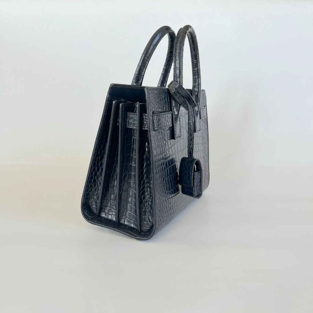 Saint Laurent navy croc embossed shiny leather Nano Sac De Jour bag