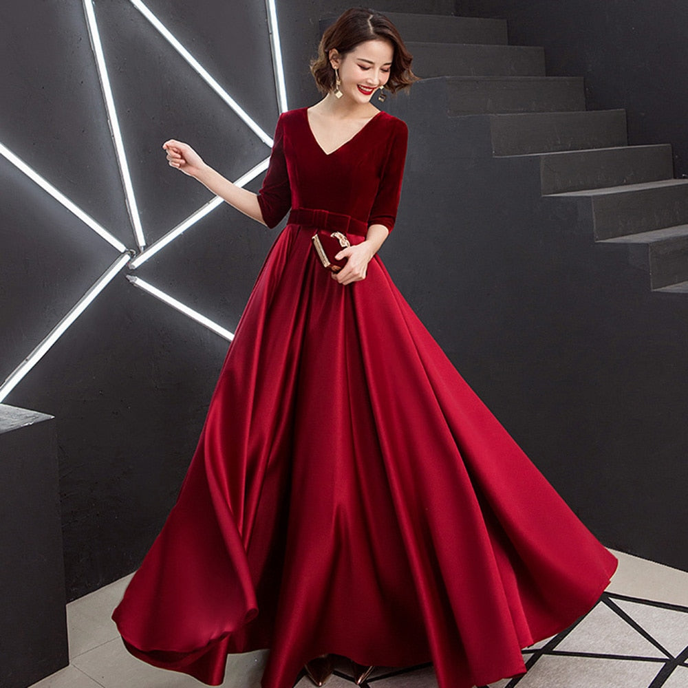 loveedsTM-V-neck Bow Waist A-line Satin Evening Dresses Short-Sleeve Velour Formal Women Prom Dresses Elegant Graduation Party Gowns