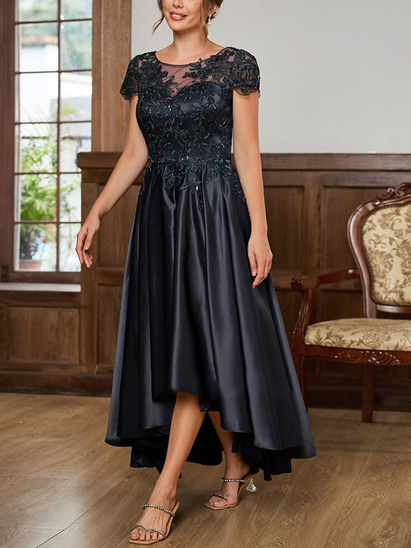 Round Neck Lace Solid Color Midi Dress