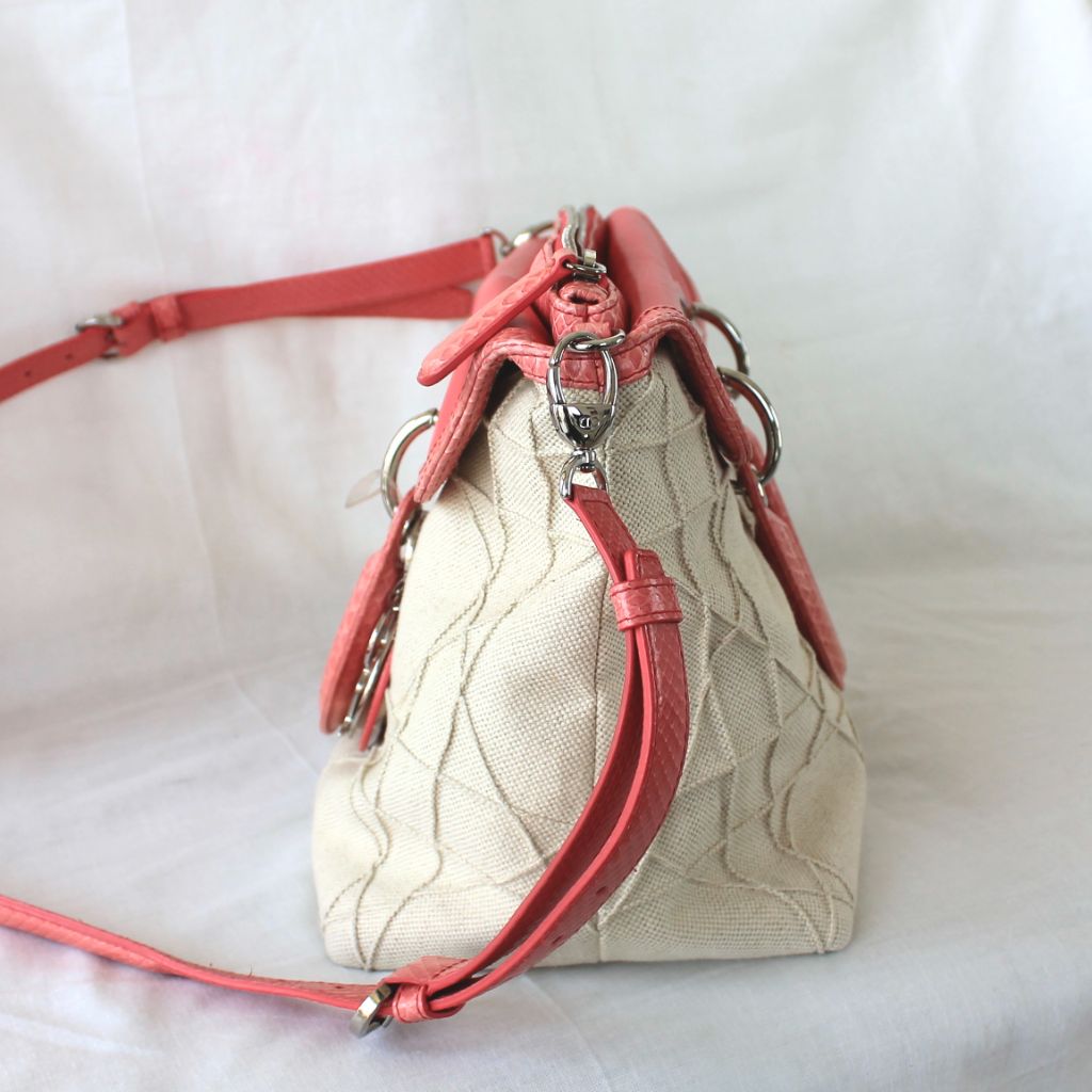 Christian Dior beige canvas with pink python leather trim,